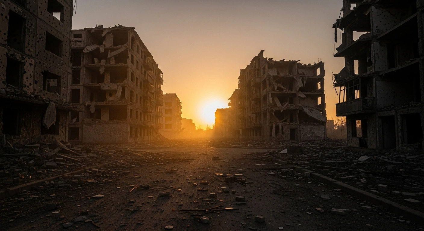 A wide view of a ruined urban neighborhood showing extensive damage to residential buildings caused by the ongoing conflict.