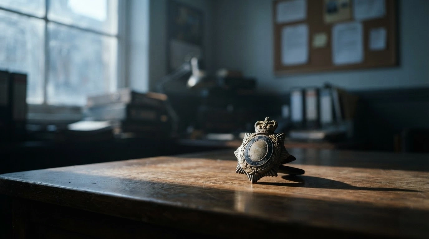 A police badge sits on a desk as a symbol of the Devon and Cornwall Police force addressing systemic failures and misconduct allegations.