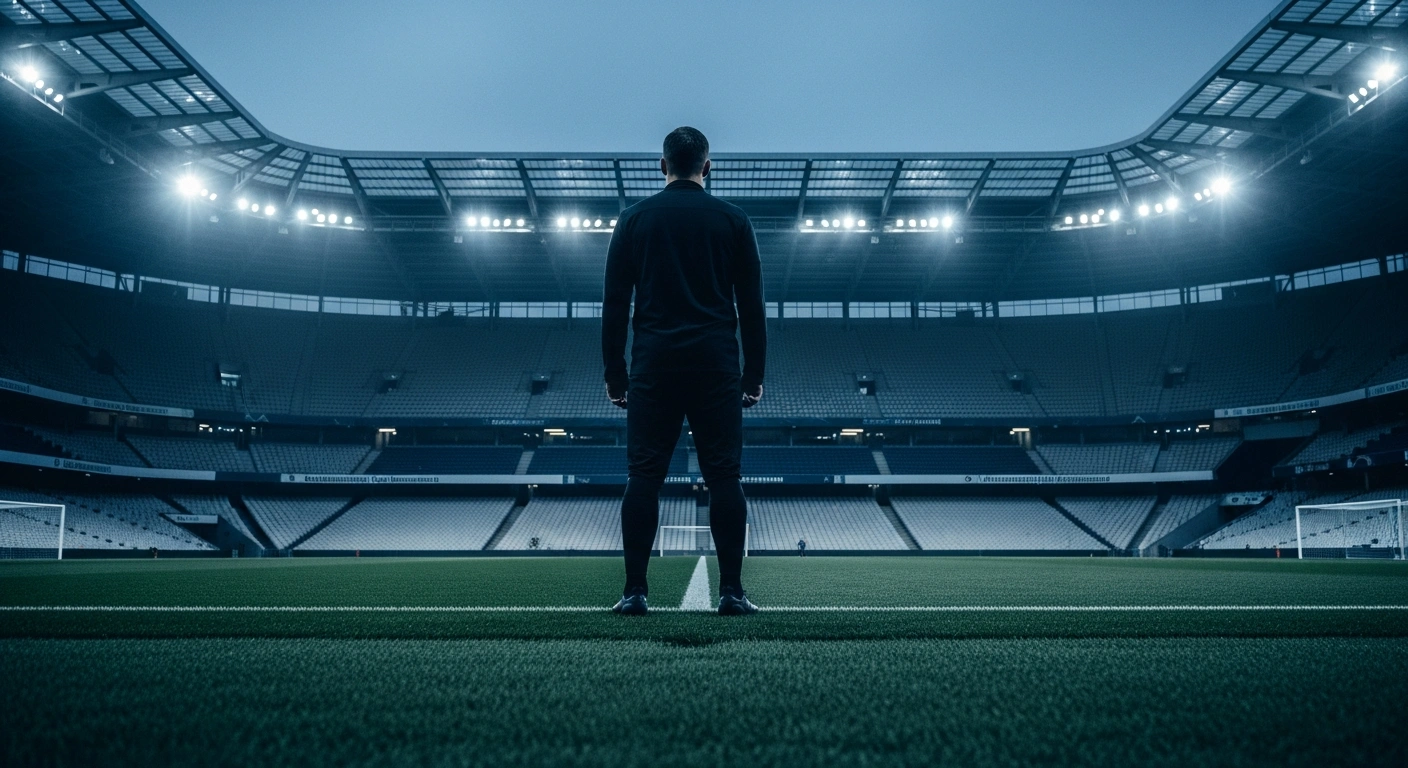 A solitary coach stands on a professional football pitch at night, representing the German Football Association's search for a new national team leader.