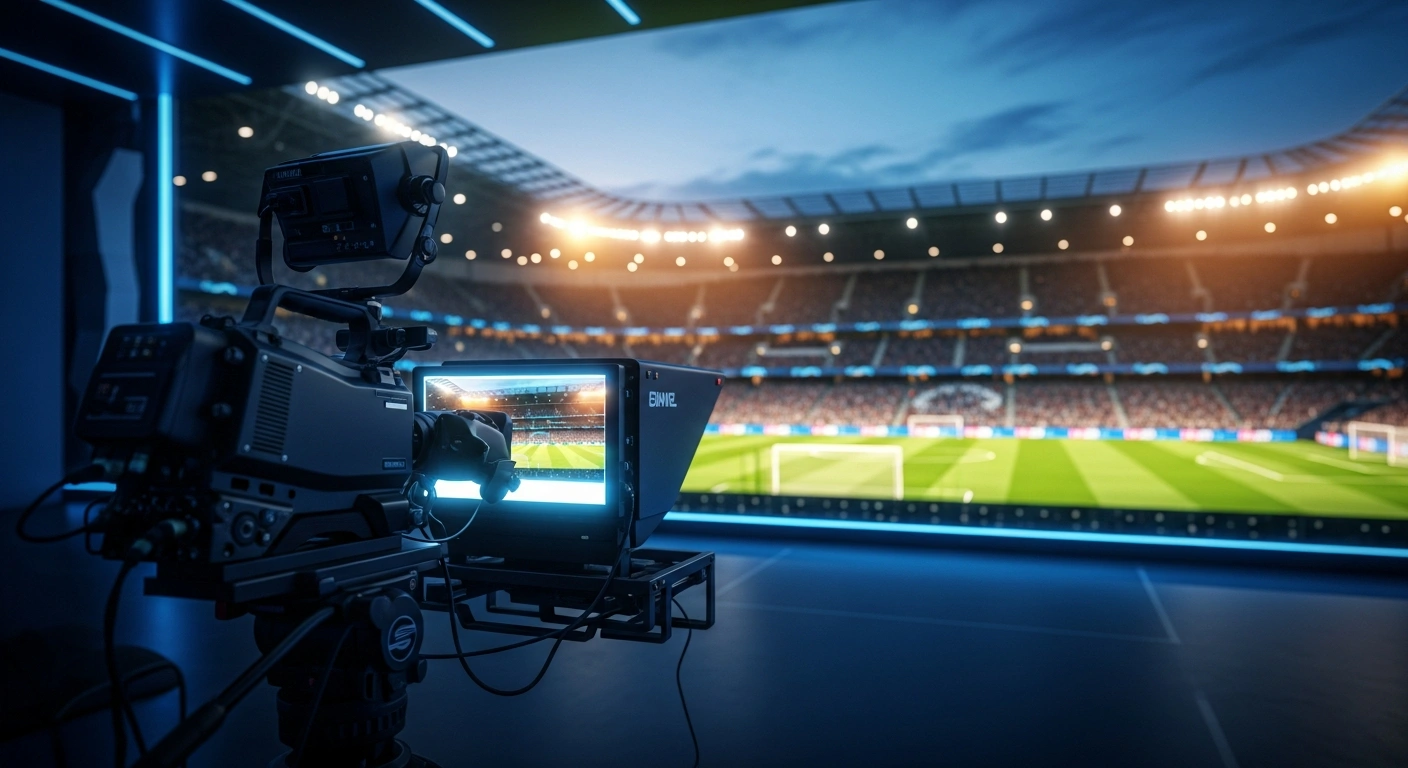 A professional broadcast studio setup overlooks a large football stadium at night to represent the launch of the new DFB.TV channel by the German Football Association.