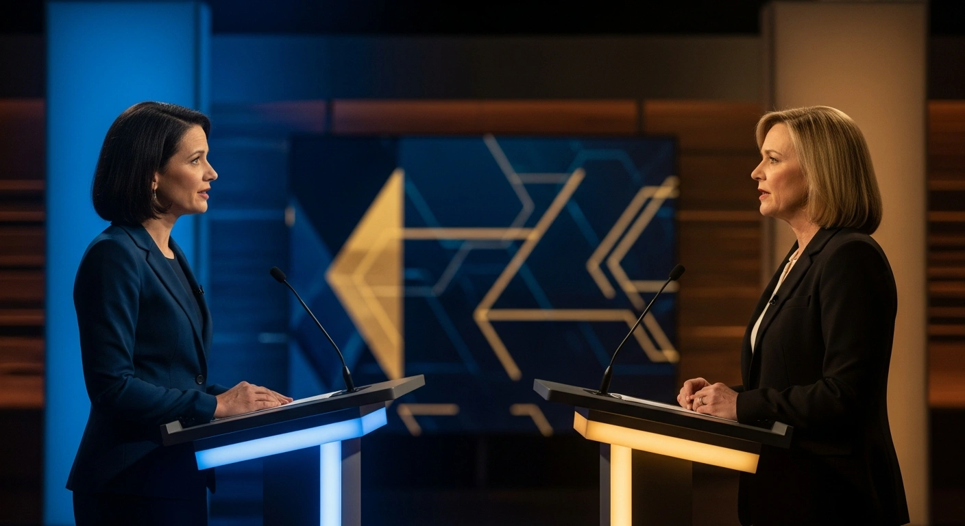 DFL U.S. Senate candidates Angie Craig and Peggy Flanagan stand at podiums during a televised debate to discuss national policy issues.