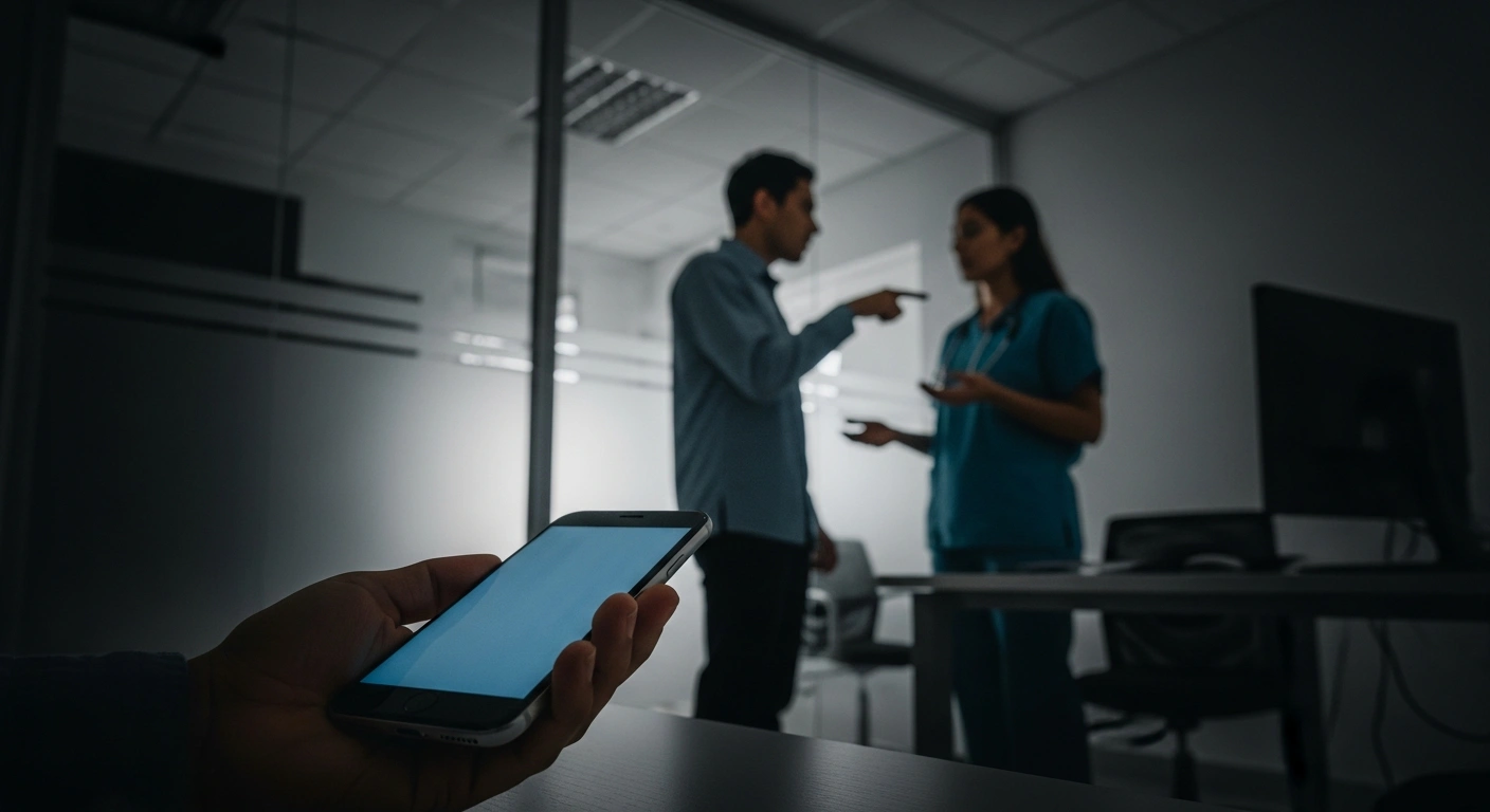 A low-key image shows a hand holding a smartphone in the foreground, with two figures in the background engaged in a tense discussion, symbolizing the debate between DGB Bavaria and CSU over telephone sick notes and their impact on absenteeism rates in Germany.