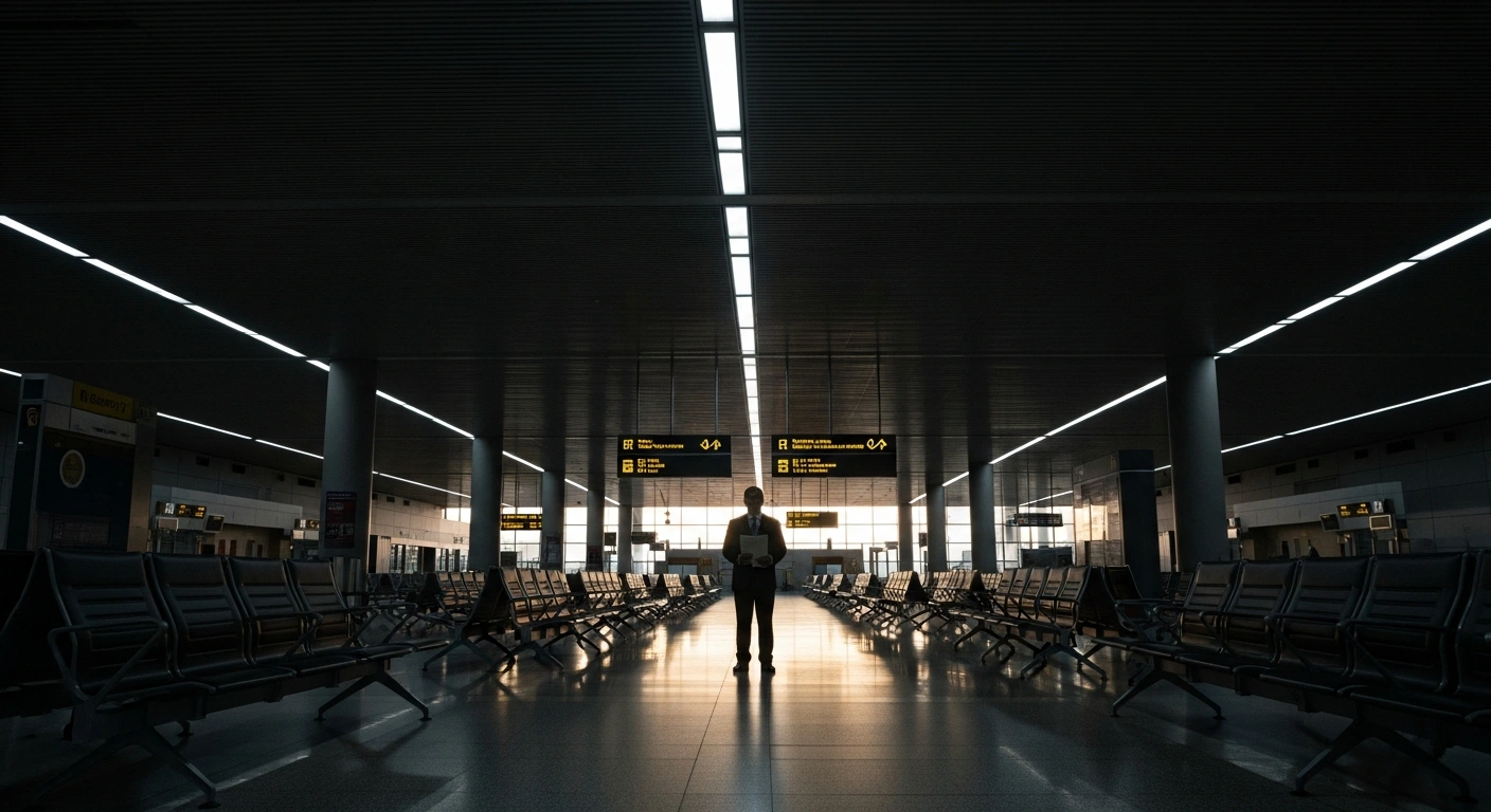 A wide, low-angle shot of a deserted airport terminal at dawn, with harsh fluorescent lights illuminating empty seats and a sharply dressed figure holding a document, symbolizing the DGCA's penalty on IndiGo for extensive flight cancellations and delays that stranded over 300,000 passengers.