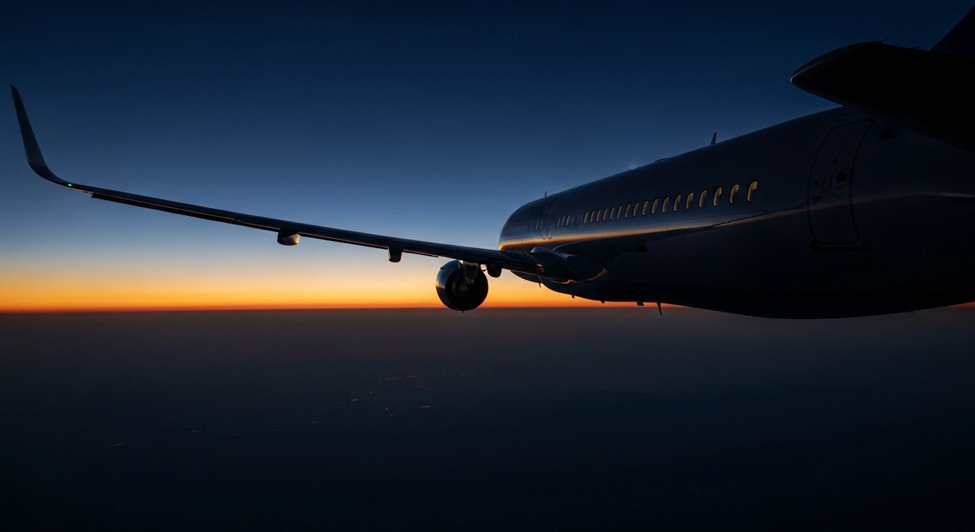 A commercial airliner flies through a twilight sky as part of a precautionary measure to avoid high-risk airspaces due to geopolitical tensions.