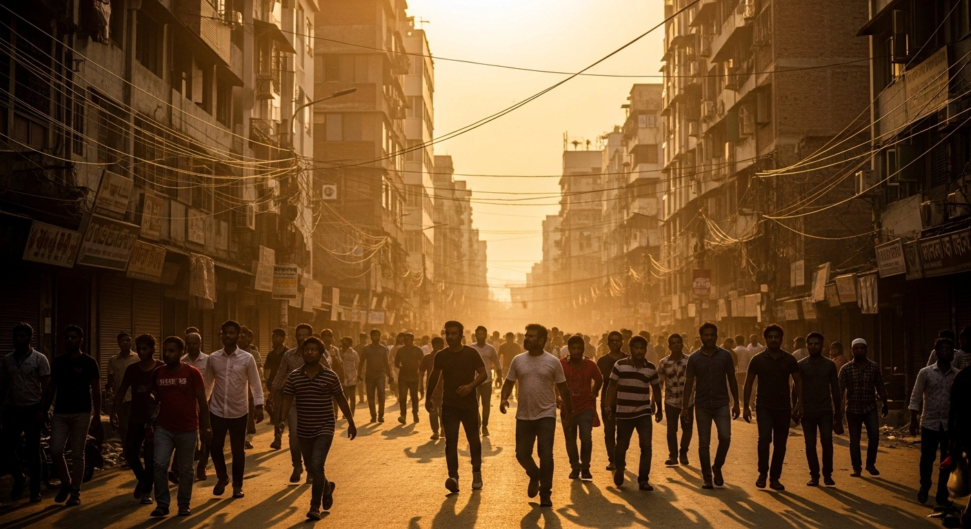 Residents in Dhaka, Bangladesh, react with concern on a city street following a magnitude 4.4 earthquake.