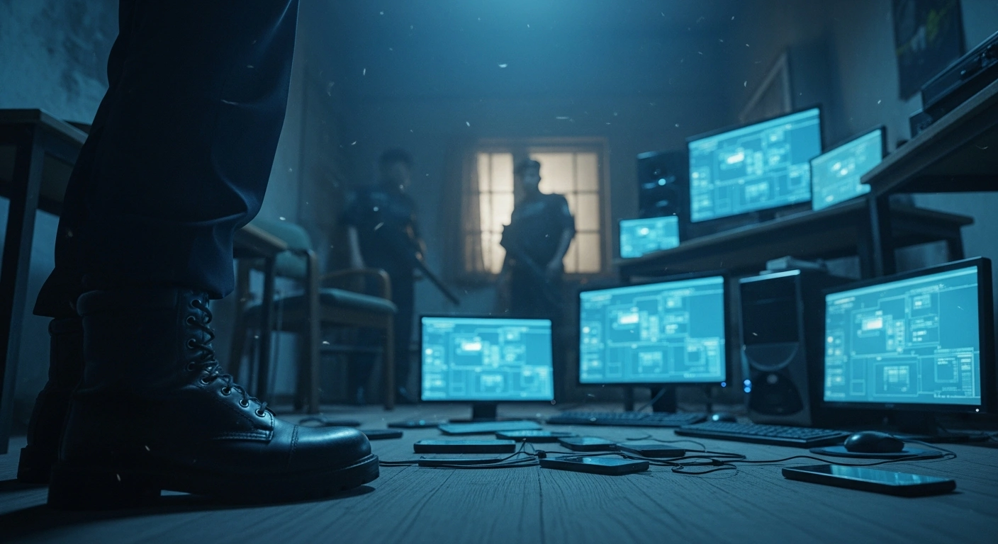 Dhaka Metropolitan Police officers seize electronic devices and computers from an illegal gambling and cyber fraud ring in Bangladesh.