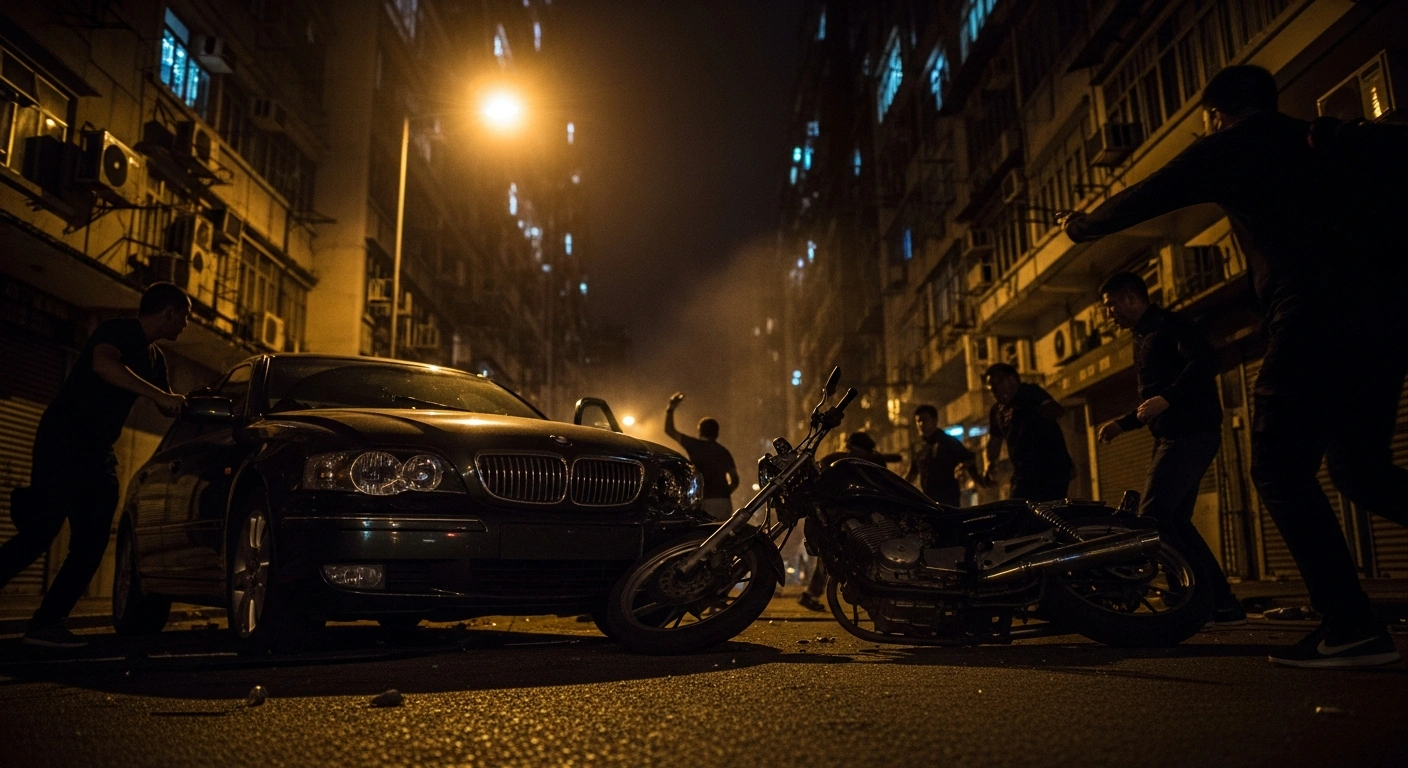 A chaotic night scene in an urban area shows a crumpled dark sedan with shattered headlights and a twisted motorcycle on its side, surrounded by silhouetted figures in agitated motion, depicting the aftermath of an altercation where a lawyer was reportedly beaten to death in Dhaka's Bashundhara Residential Area.