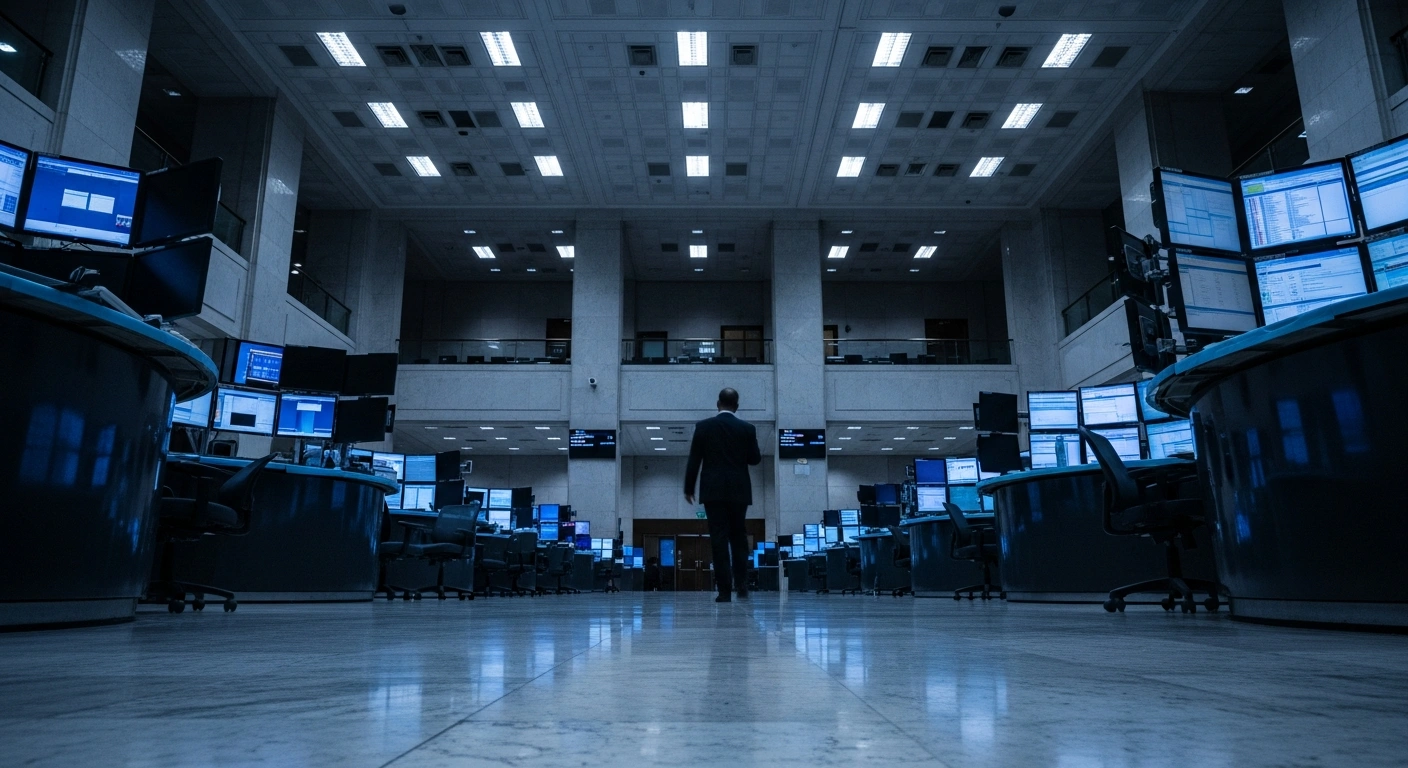 A dimly lit trading floor at the Dhaka Stock Exchange reflects the atmosphere of investor caution and market volatility in Bangladesh.
