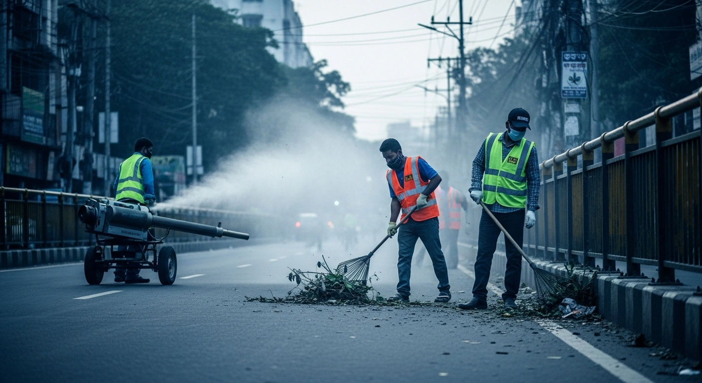 Municipal workers clear waste from a Dhaka street while a sanitation team performs mosquito fogging to prevent the spread of dengue fever.