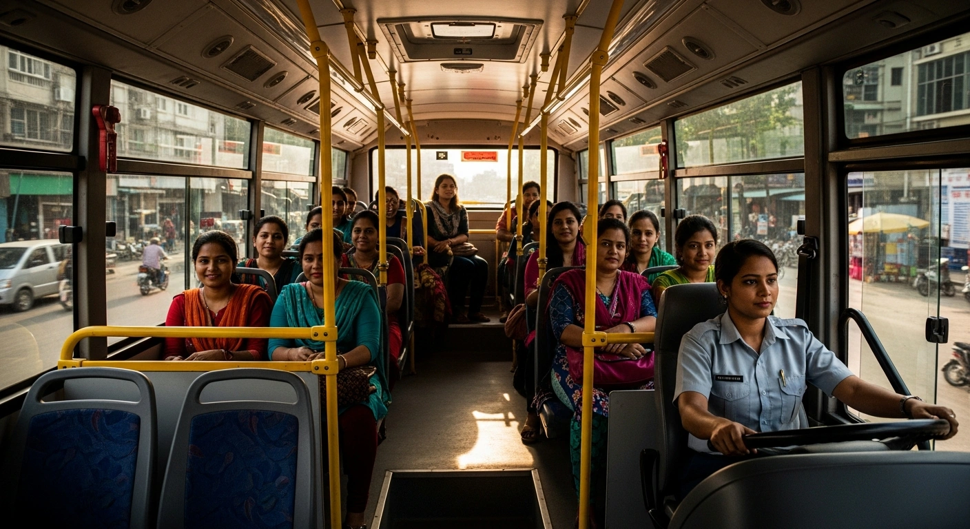 A modern city bus interior in Dhaka, Bangladesh, shows diverse women commuters looking relaxed and safe, with a female driver visible, representing the new dedicated bus service for women launched under Prime Minister Tarique Rahman's directive.