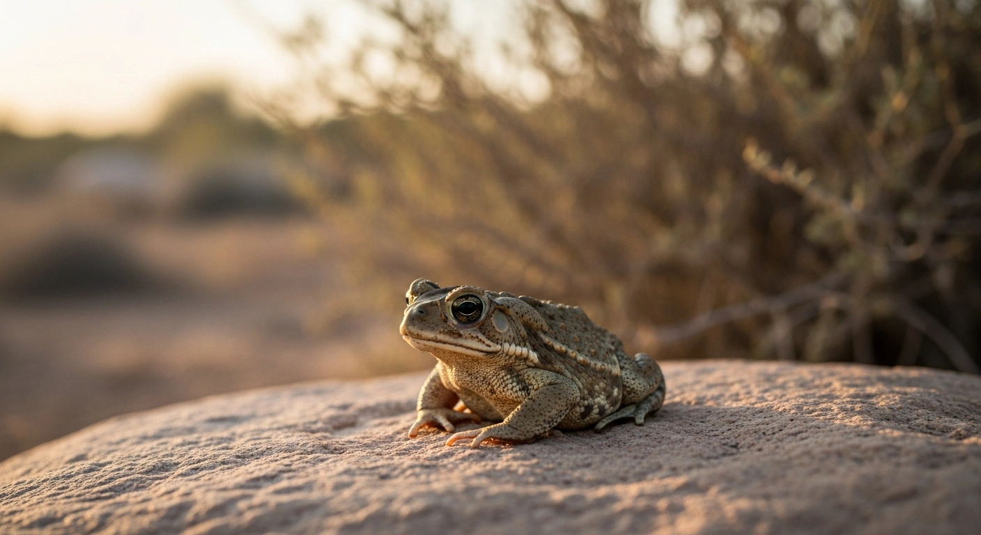 A rare Dhofar toad sits on a rock in a protected Saudi Arabian nature reserve, illustrating the species' unique habitat and survival strategies.