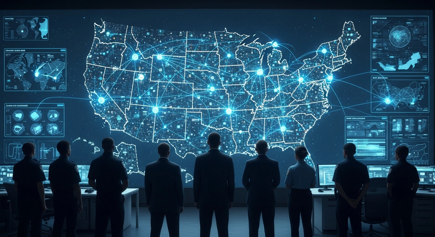 Government officials and emergency responders analyze a digital map of the United States in a high-tech operations center to coordinate national security and disaster response funding.