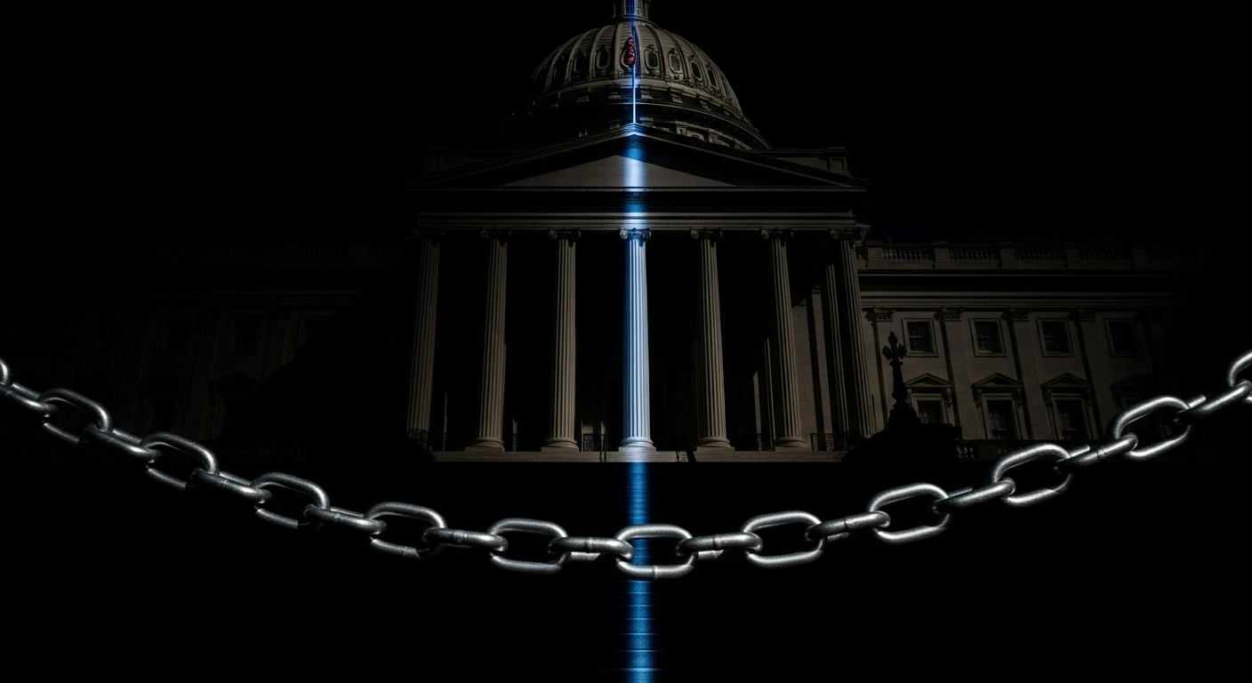 A dramatic low-angle shot of a shadowed government building with a taut industrial chain in the foreground, symbolizing the political standoff over DHS and ICE funding reforms, potentially leading to a government shutdown.