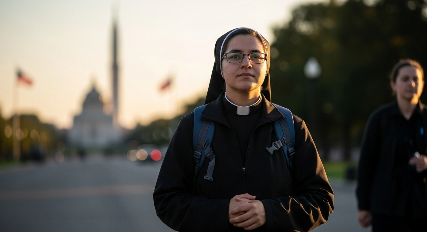 A religious worker, possibly a priest or nun, stands with a hopeful expression, hands clasped, against a softly blurred background featuring an iconic American landmark, illuminated by warm, golden hour light, symbolizing the U.S. Department of Homeland Security's new rule for R-1 religious workers.