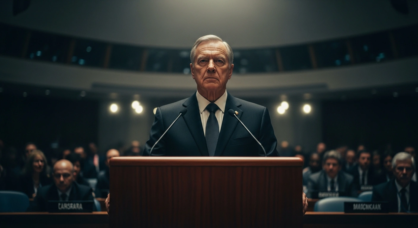 Cuban President Miguel Díaz-Canel stands at a podium addressing an international assembly while discussing the nation's economic challenges.