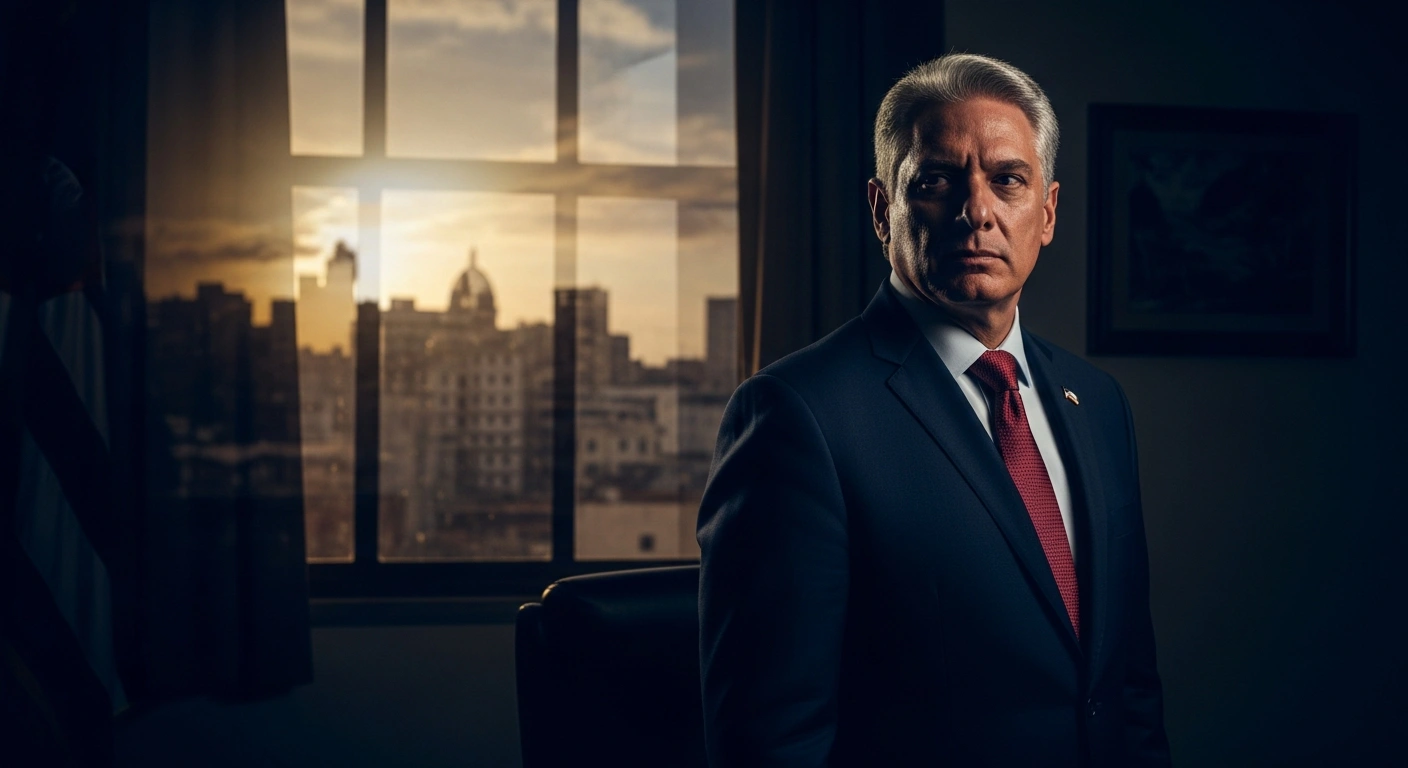 Cuban President Miguel Diaz-Canel stands in his office while discussing the impact of United States economic sanctions on Cuba.