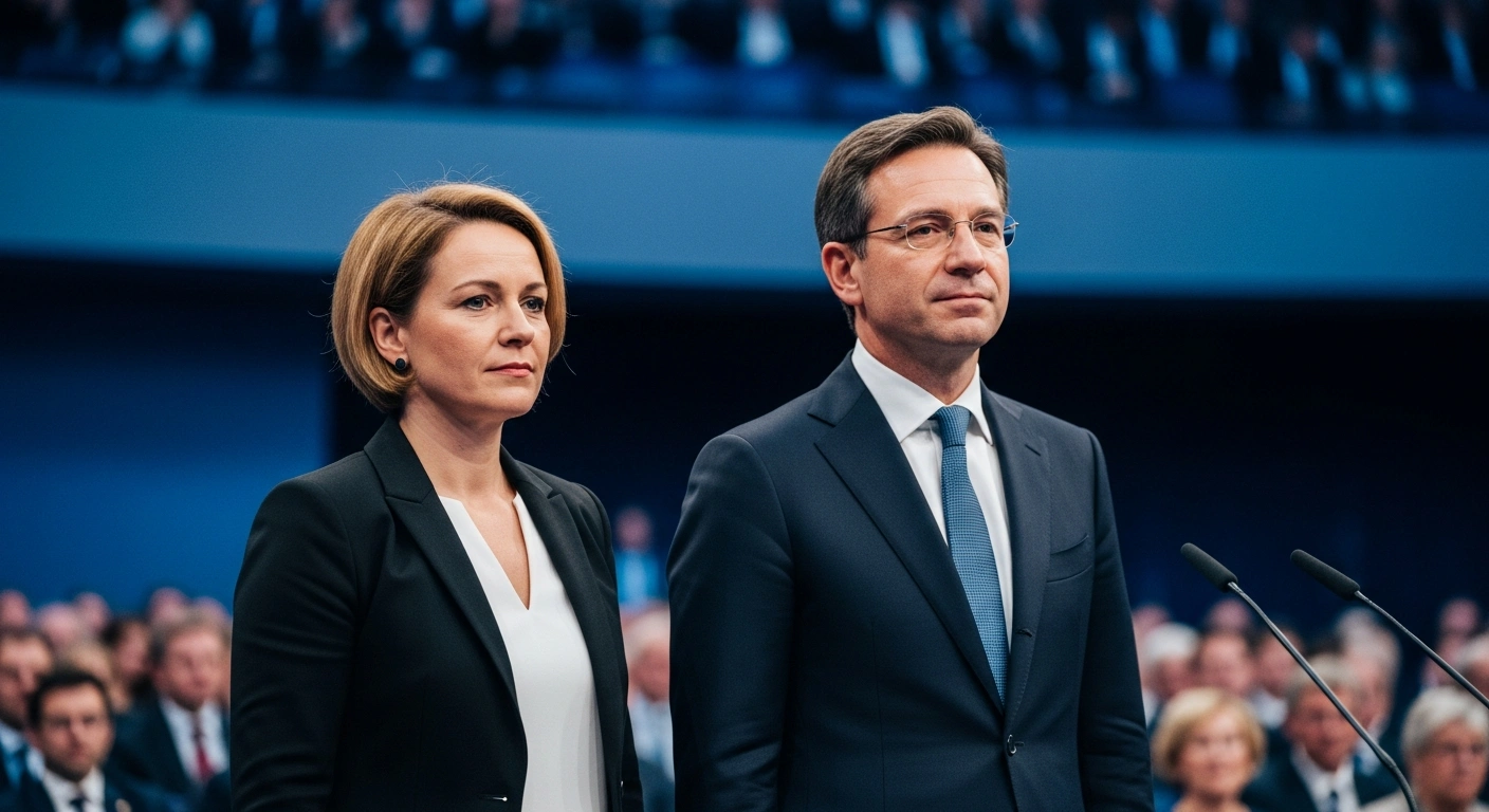 Ines Schwerdtner and Luigi Pantisano stand together on stage after being elected as the new co-leaders of Germany's Left Party at a congress in Potsdam.