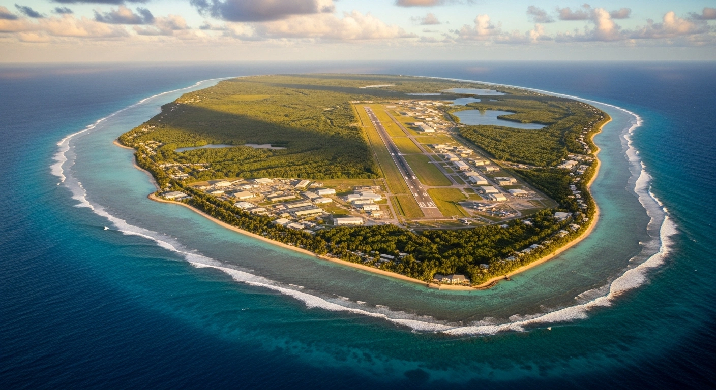 An aerial view of the Diego Garcia atoll in the Chagos Islands, highlighting the joint US-UK military base amidst the Indian Ocean.