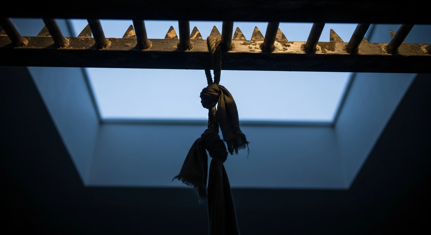 A close-up view shows a jagged, freshly sawn cell bar in a prison window, with a crude rope made from bedsheets dangling from it into a dark prison yard, depicting the method of a recent prisoner escape from Dijon prison in eastern France.