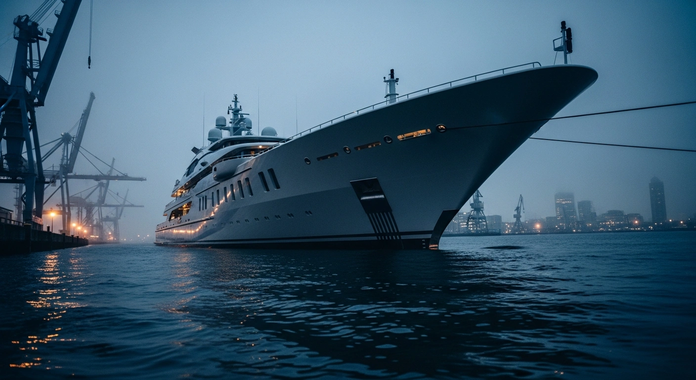 The superyacht Dilbar is docked at a shipyard in Germany following a court ruling regarding its frozen status.