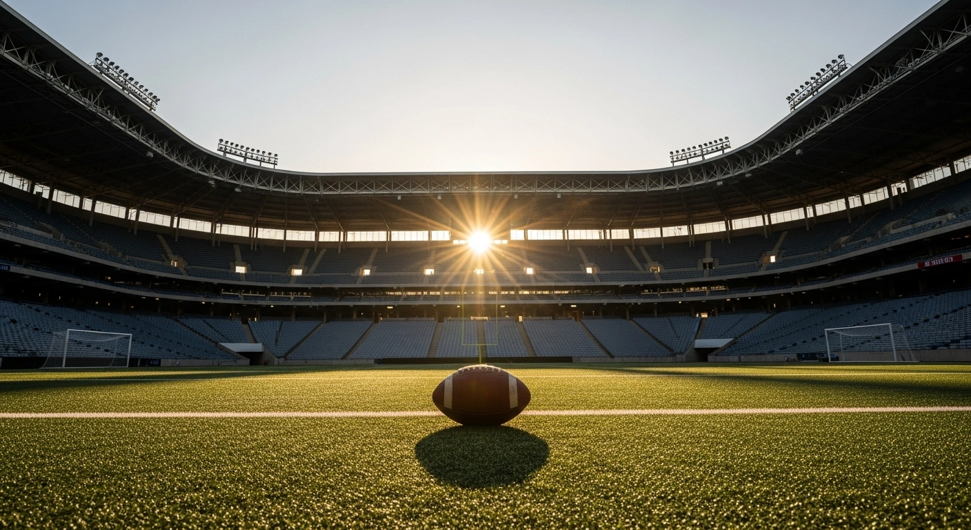 A wide, low-angle shot of an empty, historic football stadium at late afternoon, with a single vintage football resting at midfield, symbolizing the legacy of legendary Bulgarian football player and manager Dimitar Penev, who led the national team to fourth place at the 1994 FIFA World Cup and was a decorated figure for CSKA Sofia.