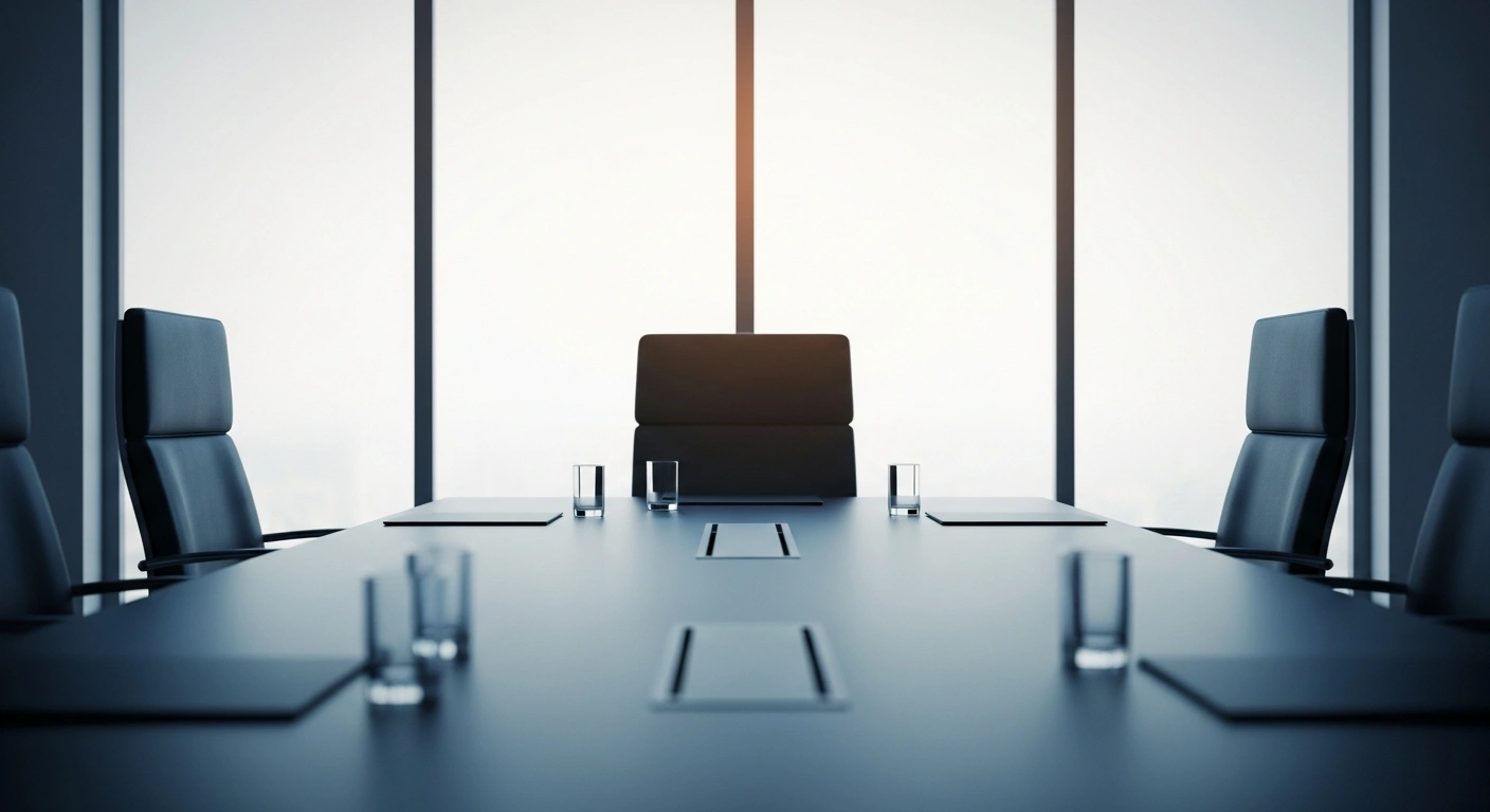 A minimalist conference room setting represents ongoing diplomatic ceasefire discussions between the United States, Iran, and Israel facilitated by Islamabad.
