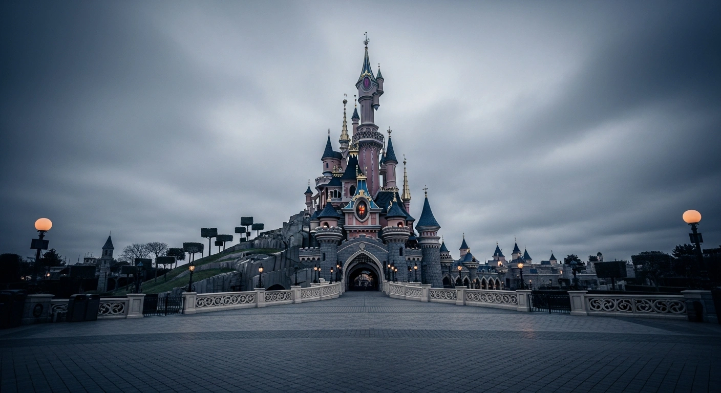 The Sleeping Beauty Castle stands in the center of Disneyland Paris under a dramatic, cloudy sky during twilight.