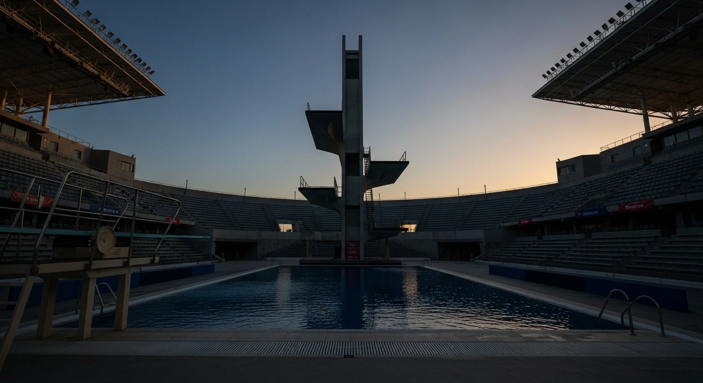 An empty high diving board and still pool in a deserted stadium, symbolizing the cancellation of the 2026 Diving World Cup in Zapopan, Mexico, by World Aquatics due to severe security concerns and cartel violence in Jalisco state.
