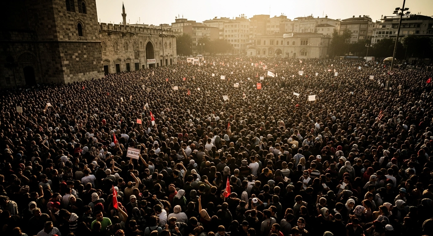 Thousands of demonstrators gather in a large public square in Diyarbakir, Turkey, to protest for the release of Abdullah Ocalan.