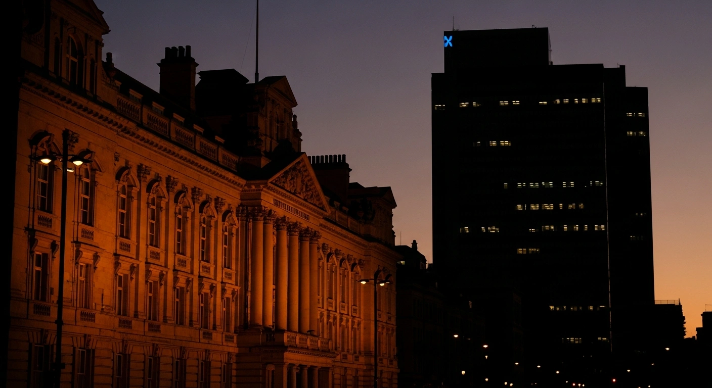 A wide, low-angle shot shows a grand, historic British newspaper building at dusk, illuminated by a warm, golden glow, with a larger, modern corporate building casting a long shadow behind it, representing the Daily Mail and General Trust's acquisition of The Daily Telegraph and The Sunday Telegraph for £500 million, forming a significant right-leaning UK media entity.
