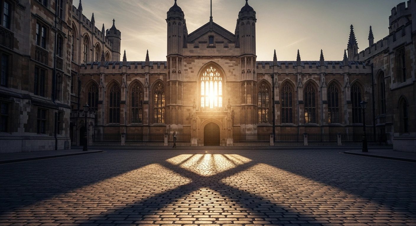 A historic London building at dusk, with intertwined shadows stretching across a cobbled street, symbolizing the £500 million acquisition of Telegraph Media Group by Daily Mail and General Trust (DMGT) from Redbird IMI.