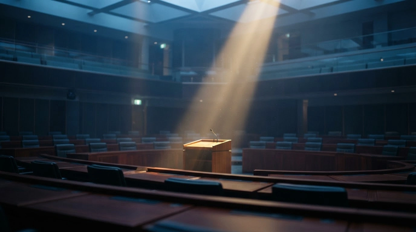 A dimly lit legislative chamber represents the Democratic National Committee's internal debate regarding U.S. Immigration and Customs Enforcement resolutions.