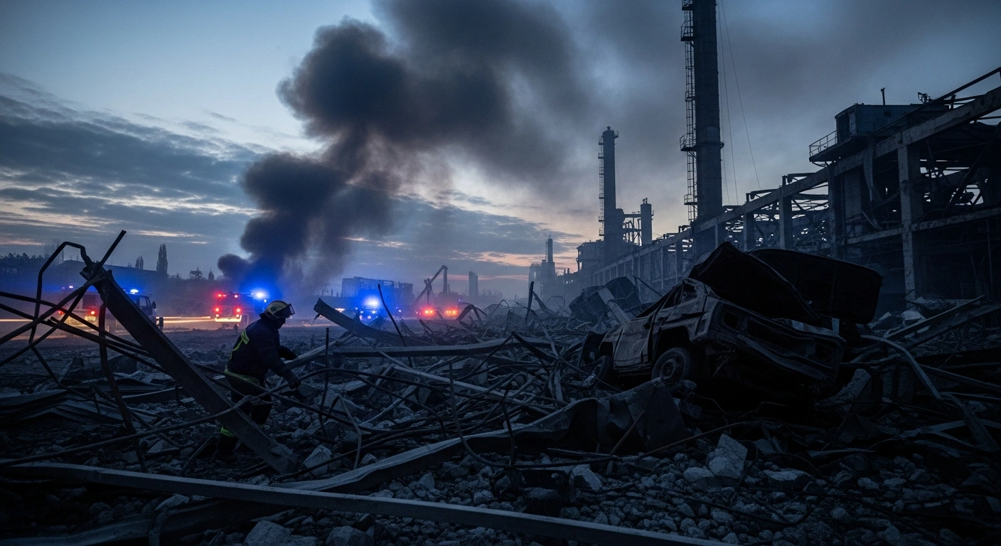 A devastated industrial area in Dnipro, Ukraine, shows extensive damage from a Russian ballistic missile strike, with smoke rising, emergency lights flashing, and a rescue worker sifting through debris amidst mangled vehicles, following an attack that caused fatalities and injuries.