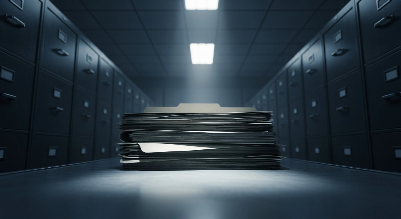 A stack of declassified government documents regarding unidentified anomalous phenomena sits on a desk in a secure archive room.