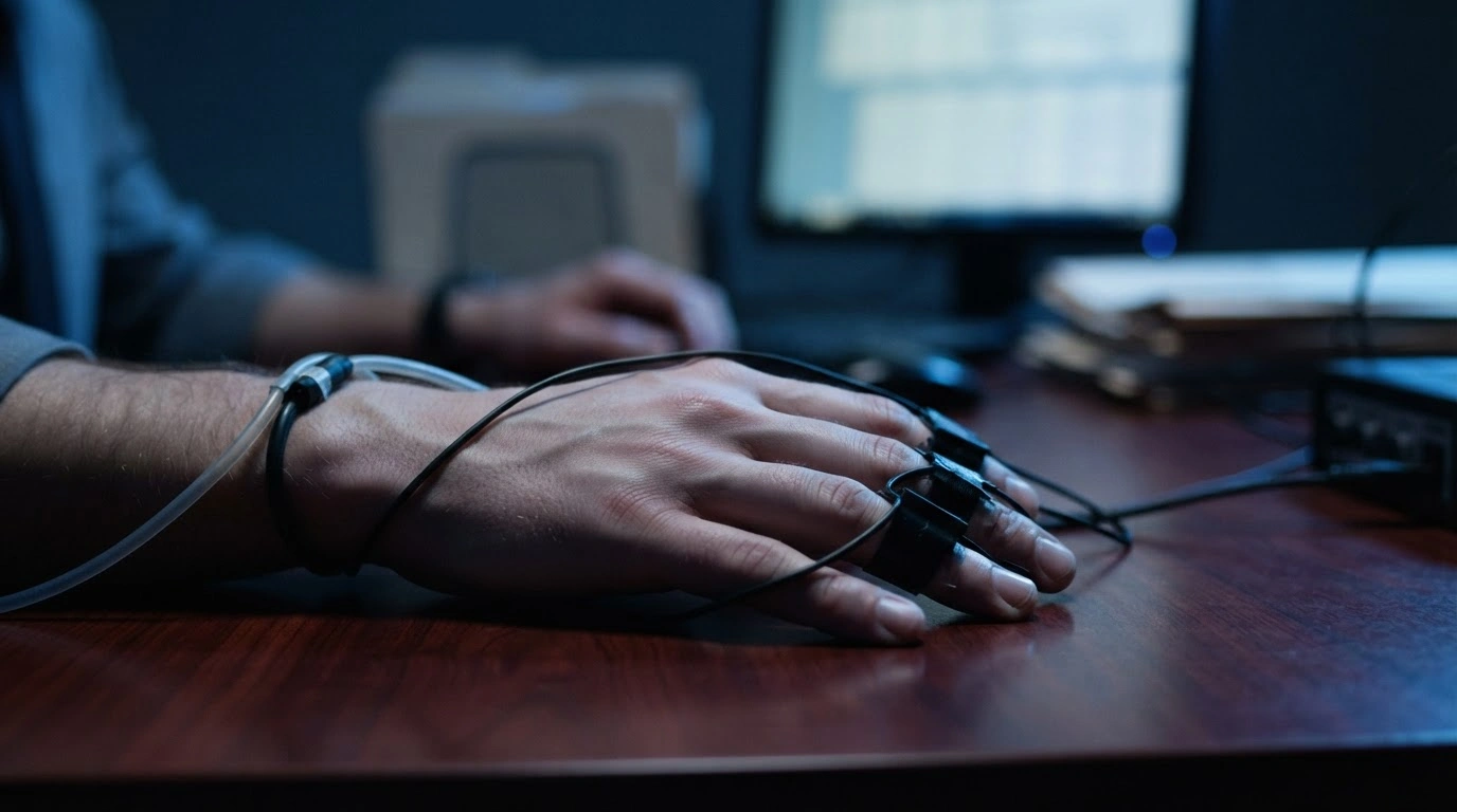 A government official undergoes a polygraph examination in a secure office to ensure the protection of sensitive intelligence.