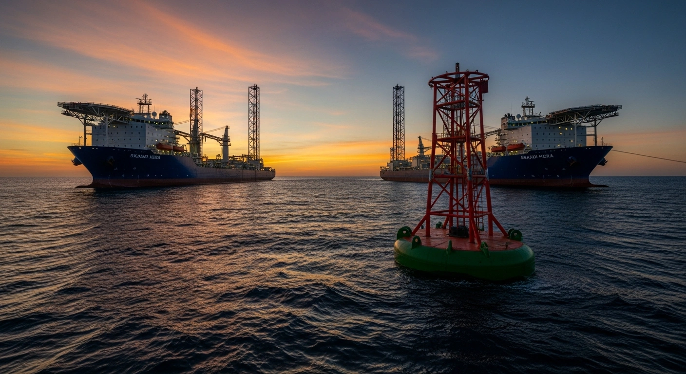 Two large Norwegian offshore vessels, Skandi Hera and Skandi Patagonia, are depicted at sea near the Argentinian coast, engaged in the installation of a CALM buoy to enhance crude export capacity for the Vaca Muerta Oil Sur development.