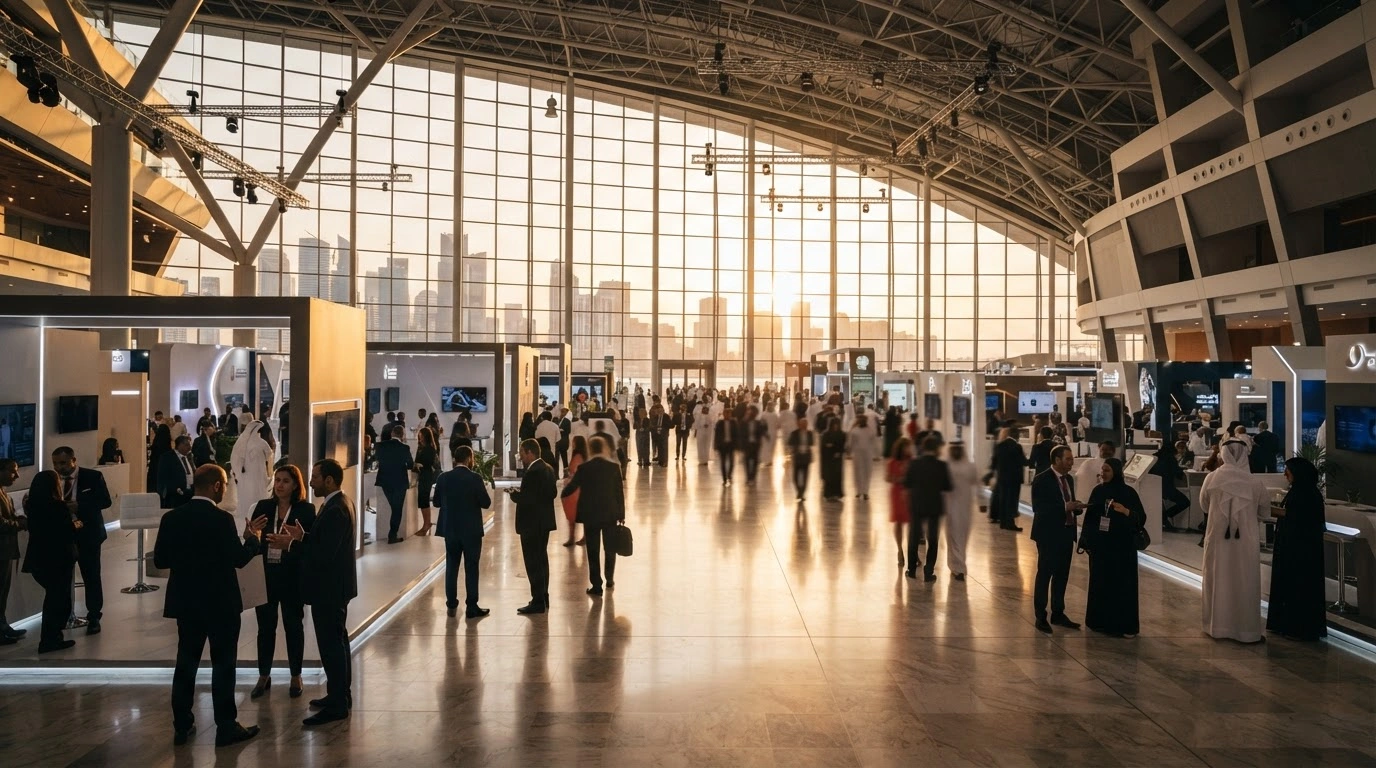 The interior of the Doha Exhibition and Convention Center is filled with diverse exhibitors and business professionals networking at the conclusion of the Doha Trade Fair in Qatar.