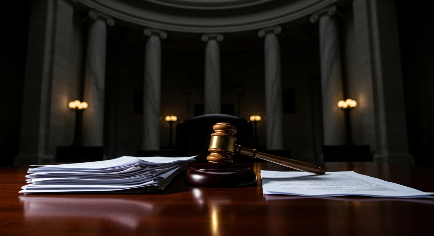 A quiet, empty government office with a gavel on a desk represents the U.S. Department of Justice canceling its controversial anti-weaponization fund.