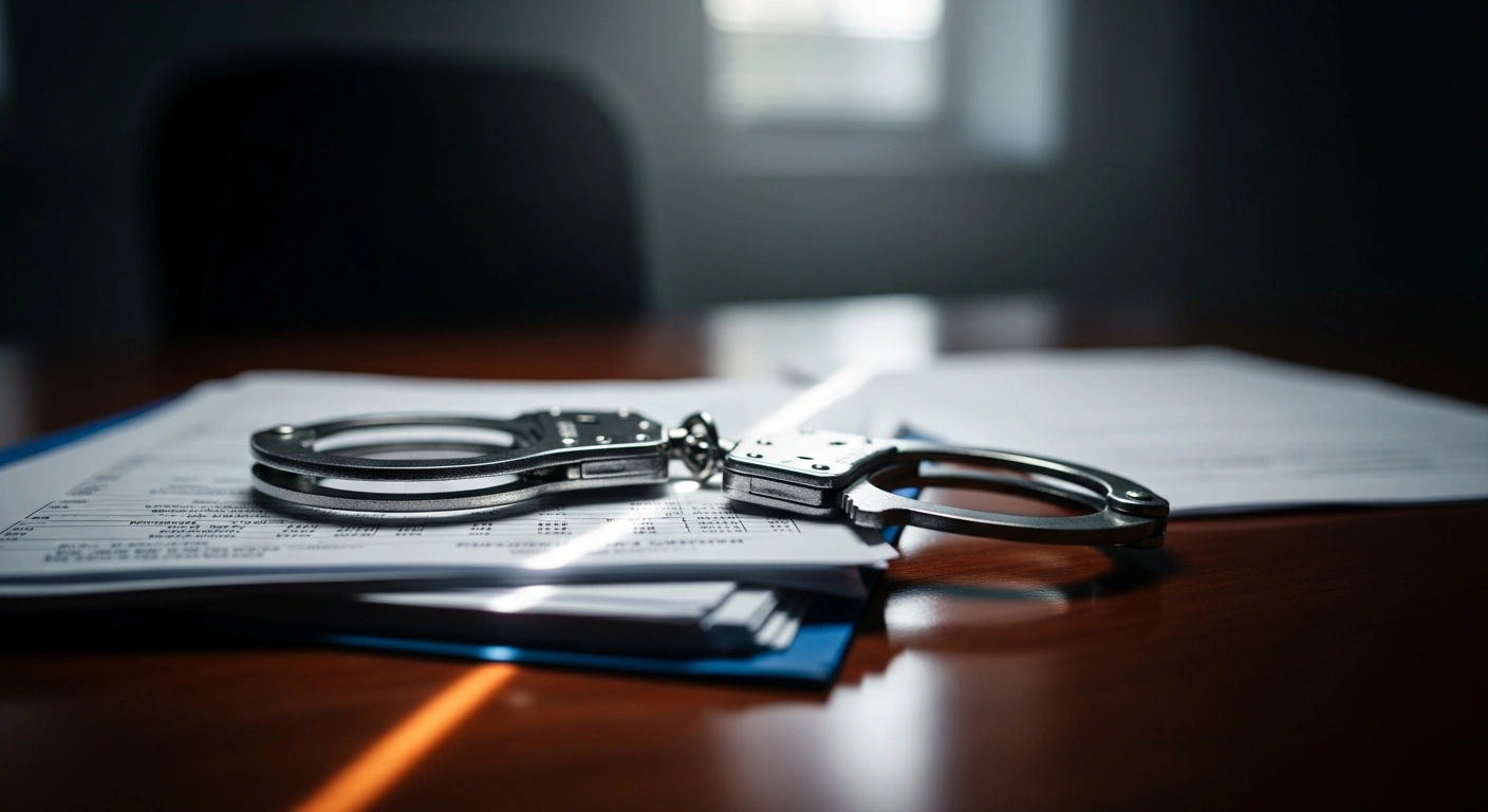 A pair of handcuffs rests on top of medical billing documents to represent the Department of Justice enforcement action against health care fraud.