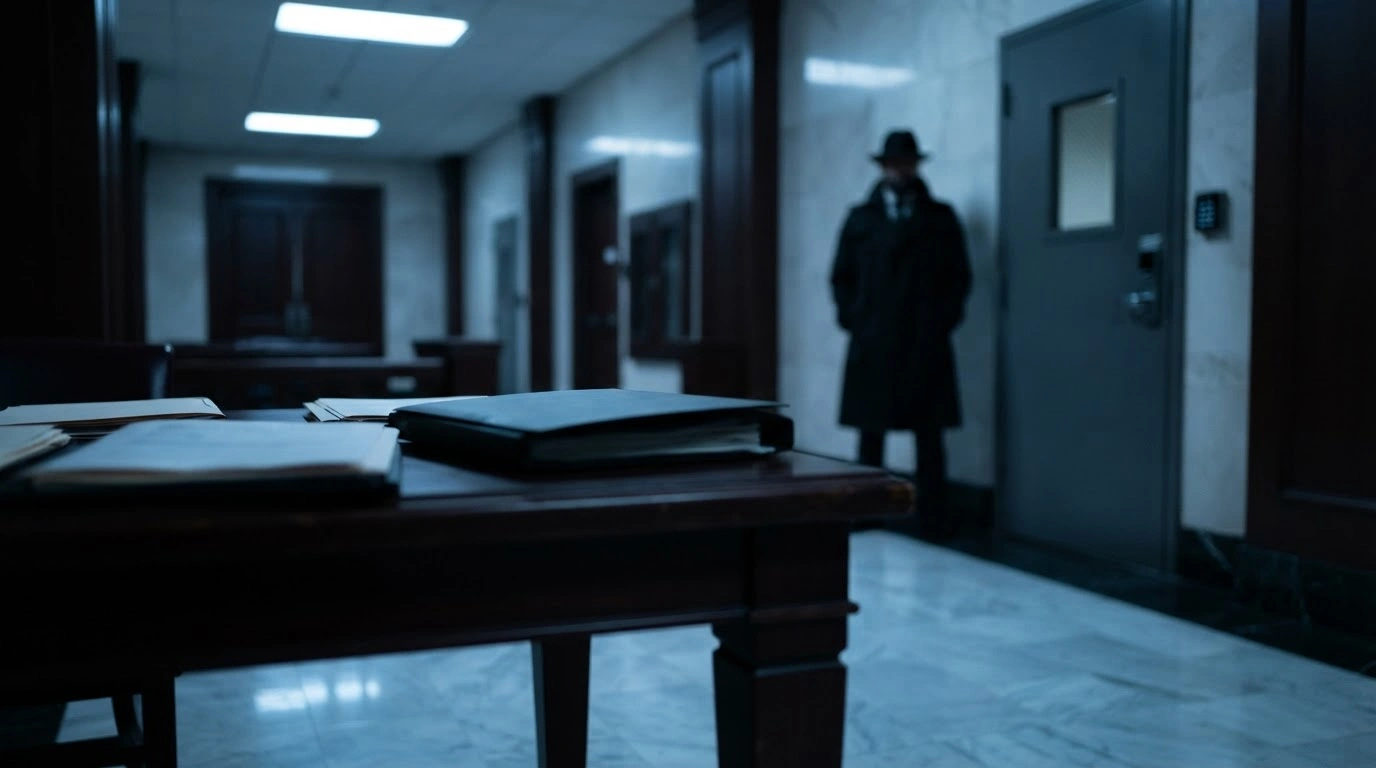 A dramatic scene depicting a legal investigation into a transnational conspiracy involving a Russian intelligence officer and murder-for-hire charges.