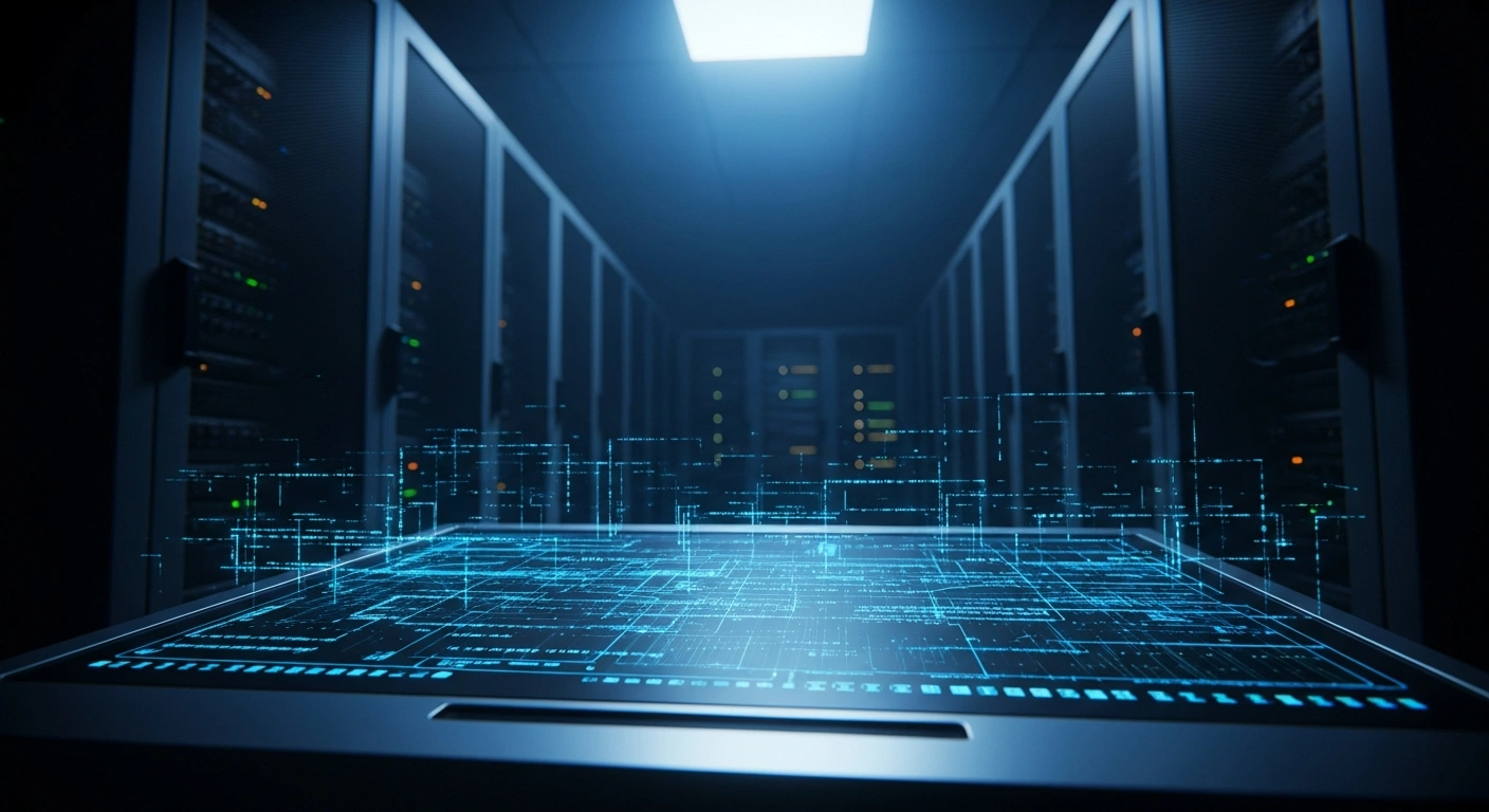 A dark server room with glowing blue digital data streams represents the U.S. Department of Justice seizing websites used by foreign intelligence services for espionage.