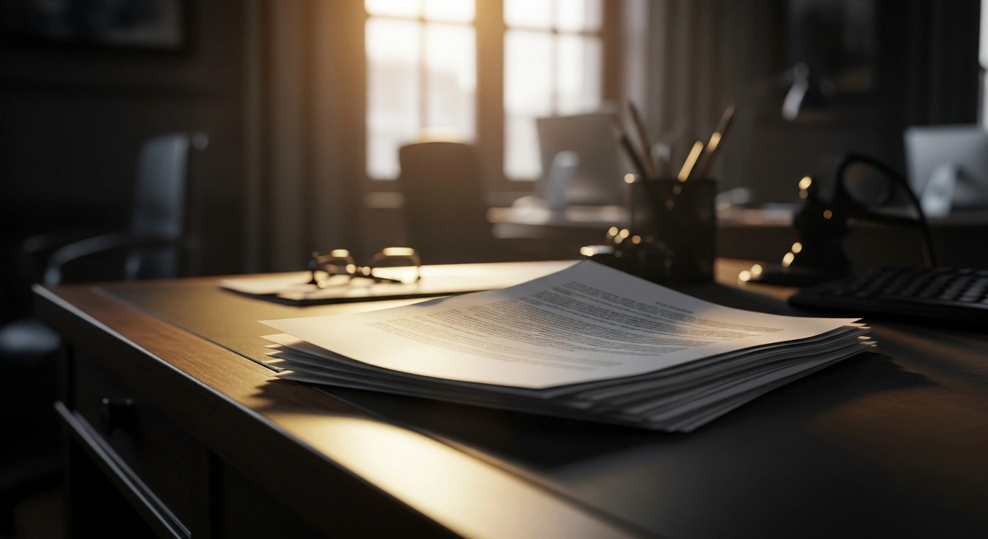 A stack of discarded legal documents sits on a desk representing the Department of Justice withdrawing subpoenas against journalists to protect confidential sources.