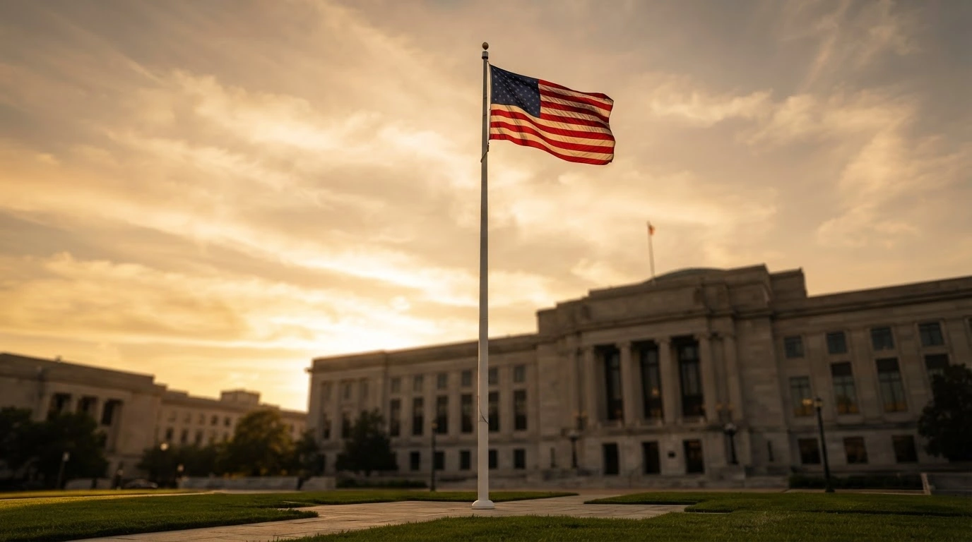 An American flag flies at full-staff in front of a government building, clarifying official protocols regarding flag honors.