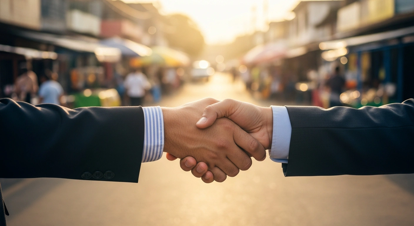 A photorealistic image shows two hands shaking in the foreground, symbolizing the inter-institutional cooperation agreement between ProCompetencia and Codopyme in the Dominican Republic, set against a vibrant street market representing micro, small, and medium-sized enterprises (MSMEs), highlighting the alliance's aim to strengthen commercial loyalty, transparency, and fair competition.