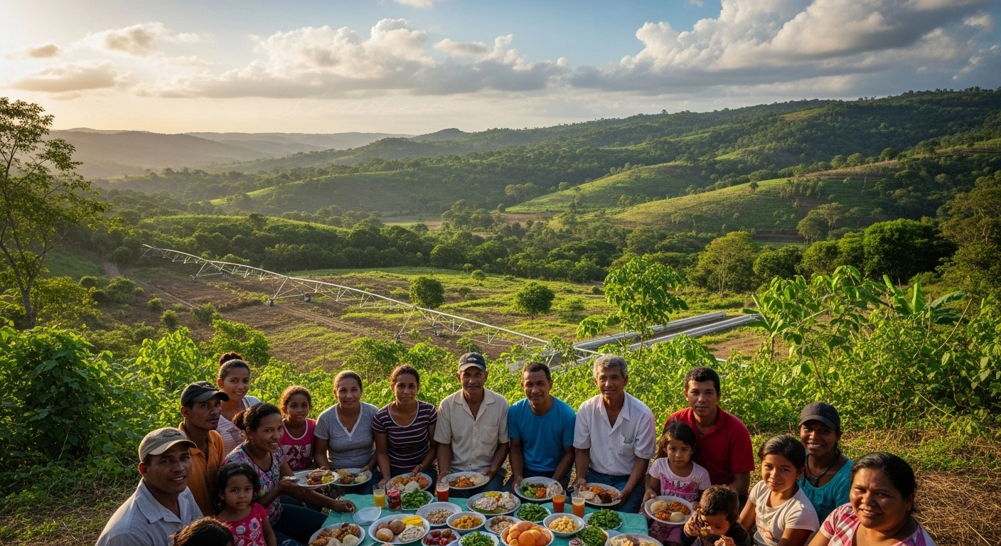 A vibrant, sun-drenched agricultural landscape in the Dominican Republic shows diverse families and farmers sharing a bountiful meal in the foreground, with modern, sustainable farming practices evident in the background, representing the nation's progress towards food security and the 'Zero Hunger' goal, as projected by the FAO Director-General and praised during President Luis Abinader's UN General Assembly participation.