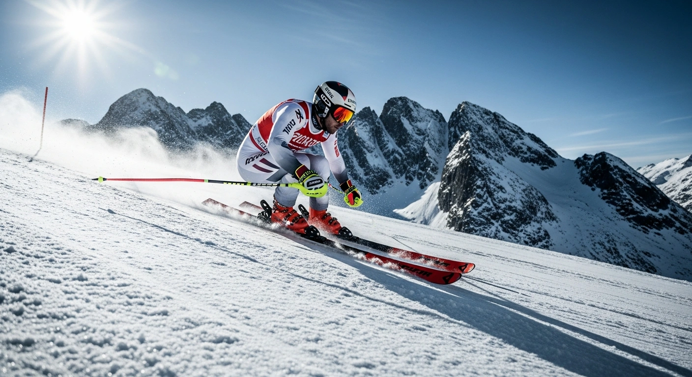 Italian skier Dominik Paris carves through a high-speed turn on the icy downhill course at the FIS World Cup in Kvitfjell, Norway.