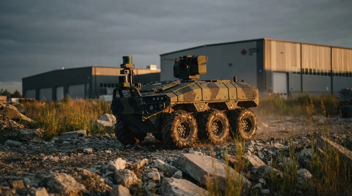 A rugged unmanned ground vehicle developed by Dominion Dynamics and a Ukrainian robotics partner sits in a Canadian industrial facility.