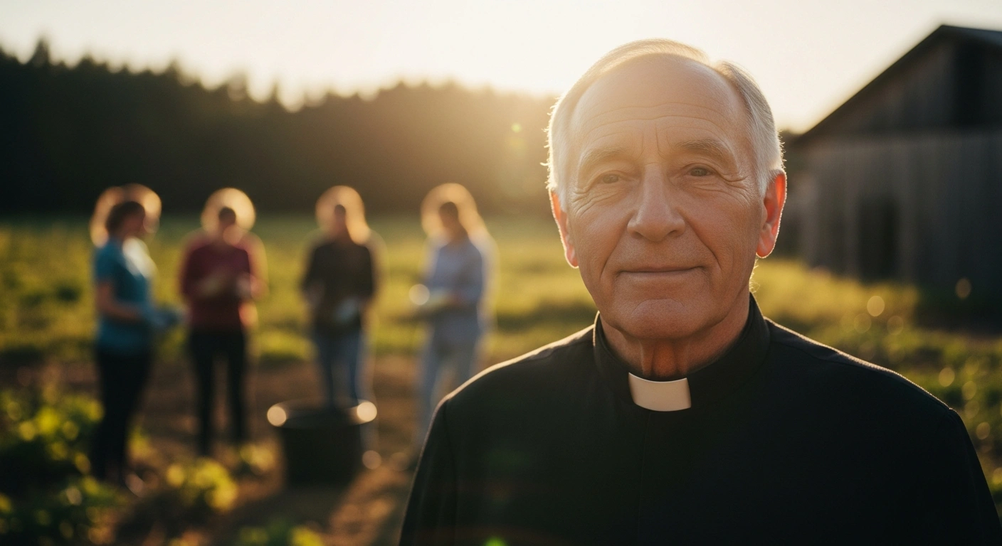 A portrait of the late Italian priest Don Antonio Mazzi, founder of the Exodus Foundation, captured in a warm, reflective setting representing his lifelong commitment to helping marginalized youth.