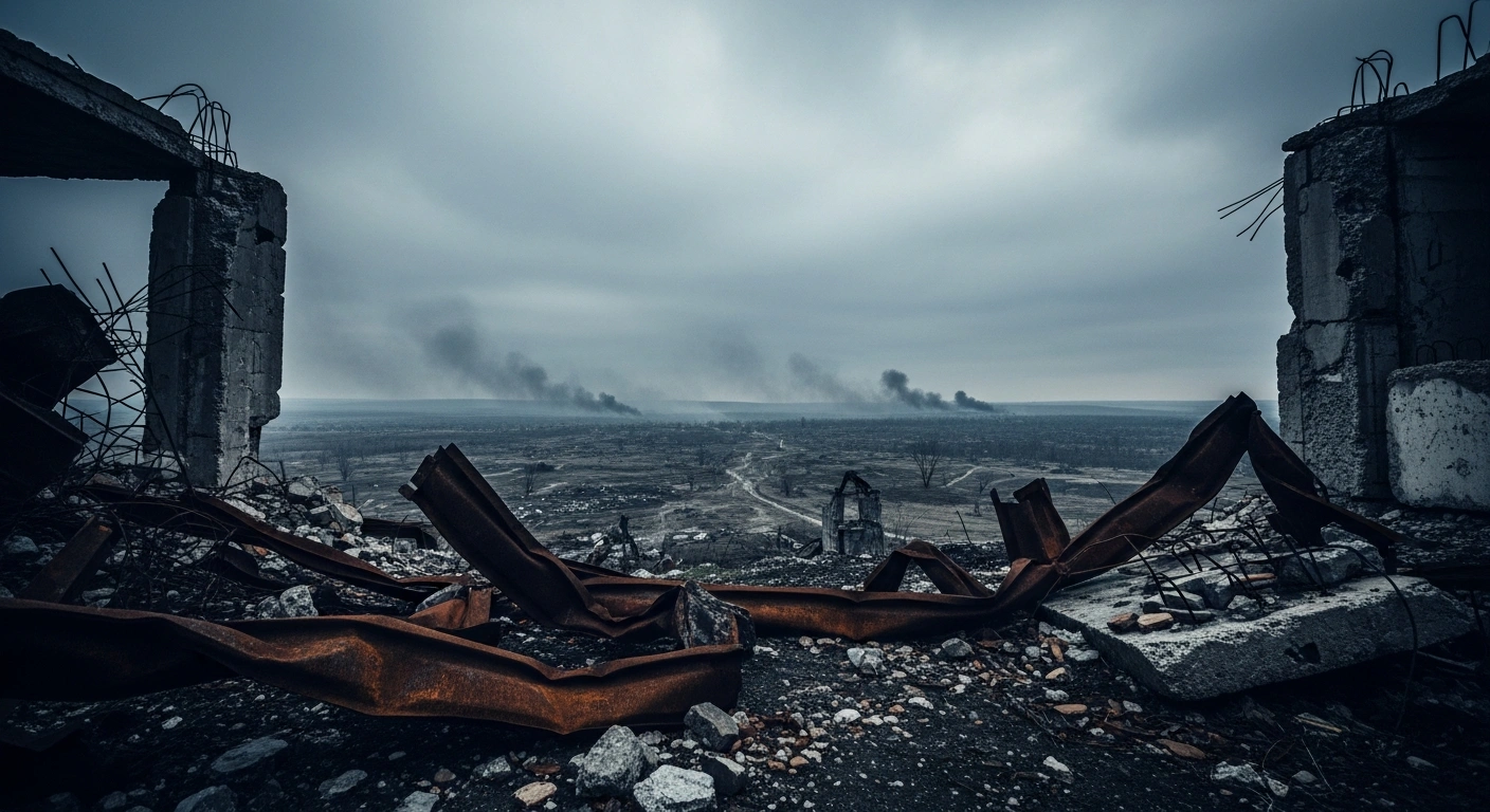 A desolate and war-torn landscape in the Donbas region represents the ongoing territorial conflict between Russia and Ukraine.