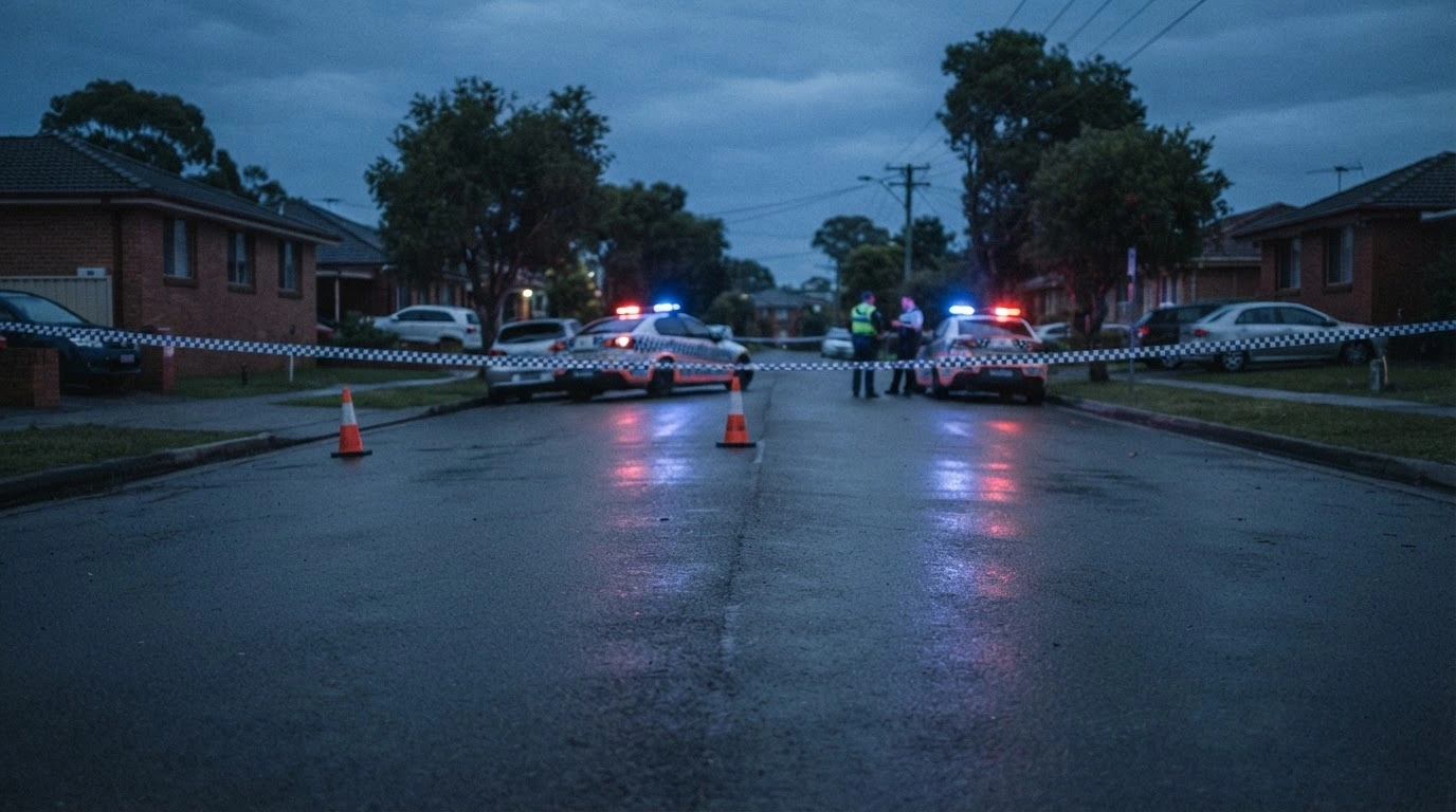 Police emergency lights illuminate a cordoned-off street in Doonside, Sydney, following a fatal stabbing investigation involving two teenagers.